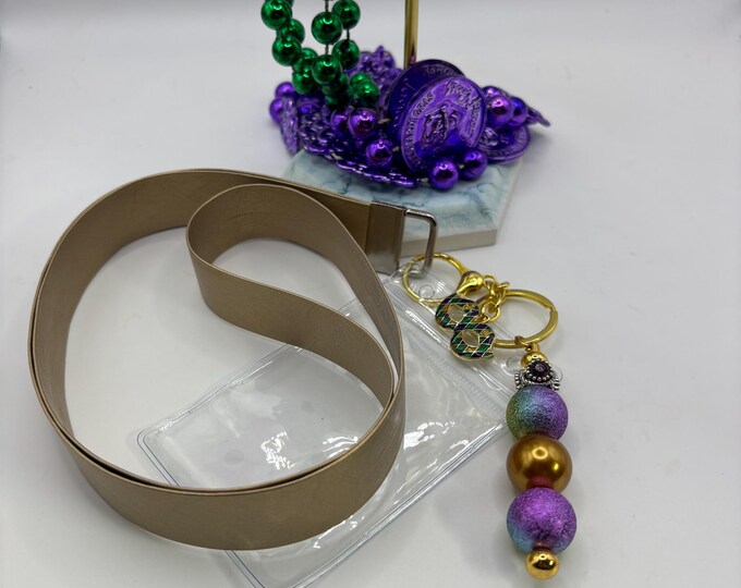 Gold Faux Leather Beaded Lanyard | Mardi Gras Theme | Mardi Gras Beads and Charm | Cruise Lanyard | Badge Sleeve
