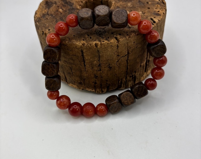 Carnelian Gemstones Beaded Bracelet |  8 inch Stretch bracelet | Wood accent beads