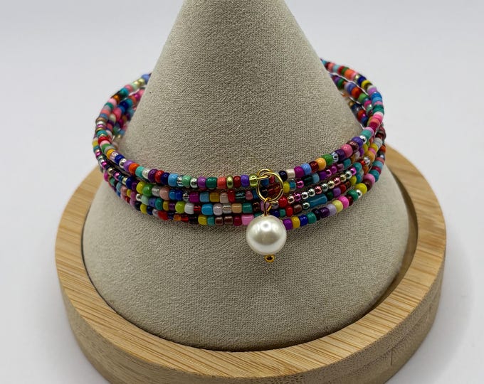 Boho Style Seed Bead Bracelet | Memory Wire Bracelet | Multi-Strand Bracelet | Pearl charm