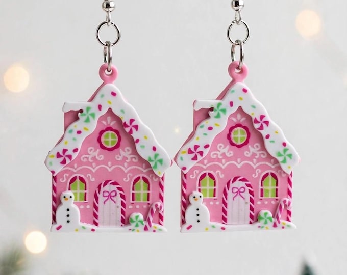 Pink  Gingerbread House Earrings  | Holiday Earrings  | Pink  Earrings  | Christmas Earrings | Sterling silver ear wires