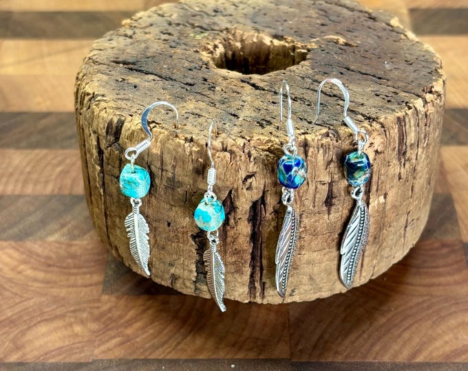 Feather Earrings | Bohemian Earrings | Silver Feather Earrings | Turquoise Accent | Imperial Jasper Accent  | Boho Style
