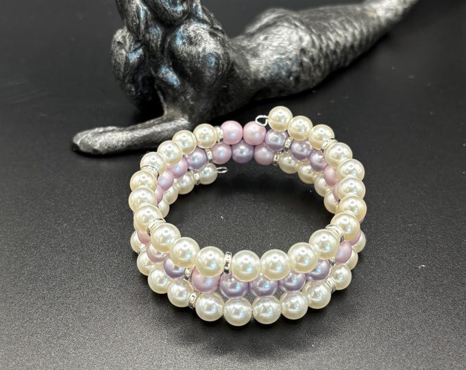 White Faux  Pearl bracelet | Memory wire bracelet | Multistrand bracelet | White and Pink and Lavender