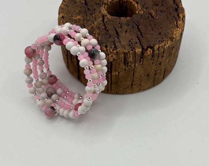 Pink Jade bracelet | Memory wire bracelet | Multistrand bracelet | Pink Jade gemstones | White wooden beads