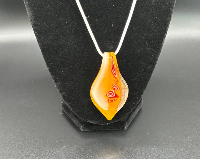Orange Leaf Millefiori Pendant Necklace  | Glass Leaf Pendant | Silver Accent | Lampwork Pendant | Necklace With Cord