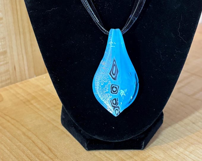 Blue Leaf Millefiori Pendant Necklace  | Glass Leaf Pendant | Silver Accent | Lampwork Pendant | Necklace With Cord