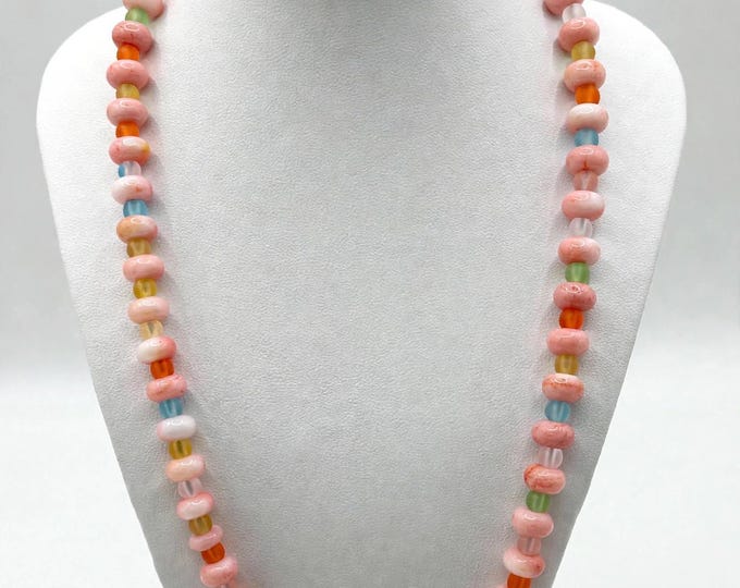 Rhodonite Gemstone and Seaglass Necklace | Gemstone Necklace | Abacus Style 8mm | Statement Necklace | Colorful 19 inch