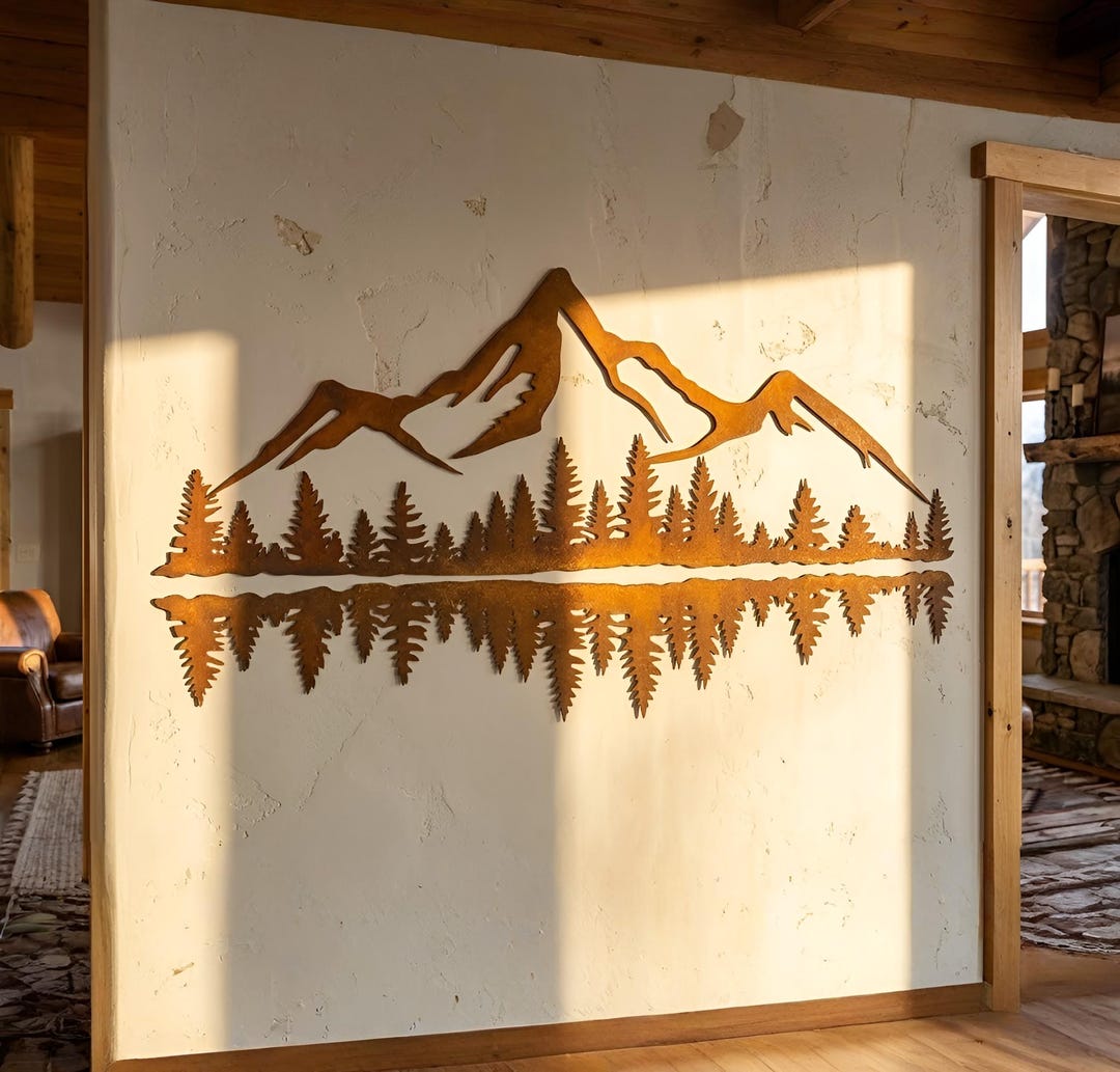Mountain Metal Wall Art Rustic Cabin Decor, Forest Lake Reflection Wall ...