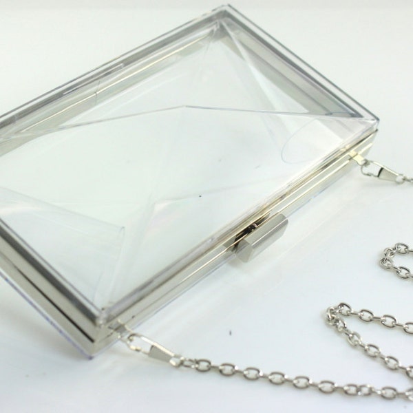 30% OFF SALE - 7 3/4 x 4 1/4 inches - Transparent Plastic Box -  Nickel Clutch Frame with 48 inches Chain (CBF-TR01)