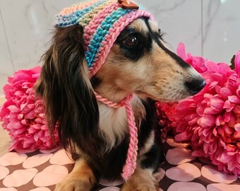 Crochet Dog/Puppy all season hats with straps and heart embellishment