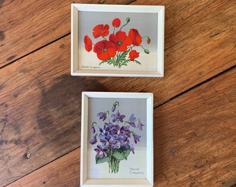 Antique original oil painting floral studies poppies and violets