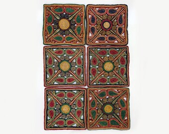 Vintage rare colourful boho mexican square rattan placemats, square trivets