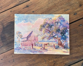 Vintage original watercolour painting Australian outback country landscape, barn, horse and cart