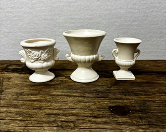 Vintage set mid century white classical pedestal mini urn vases candleholders