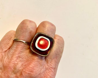 Vintage 1960s 1970s silver and glass copper mod ring