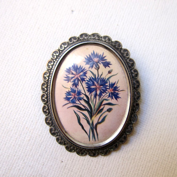 Vintage silver plate TLM cornflower print brooch