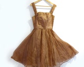Vintage 1950s embroidered and beaded light brown organza and net full skirt prom dress sz XS