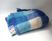 Vintage retro blue, aqua and white check mohair wool picnic travel blanket throw