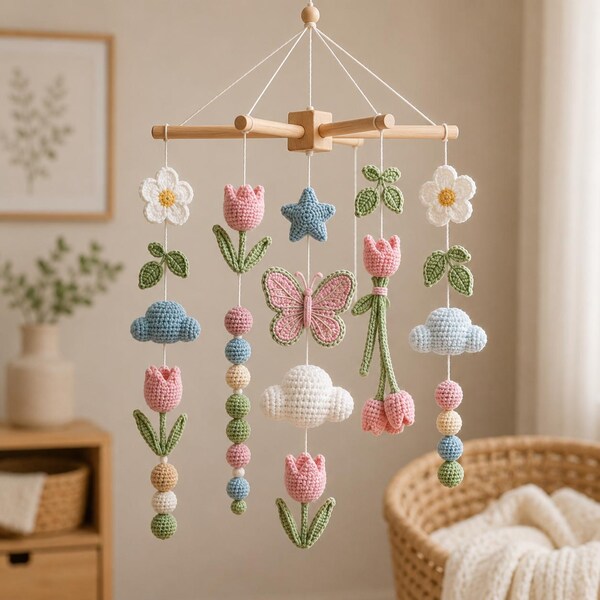 Floral Baby Mobile, Tulip Butterfly Nursery Mobile, Crochet Crib Mobile, Boho Baby Shower Gift, Handmade Nursery Decor