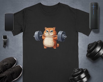 Gym Cat Shirt, Weightlifting Cat Graphic Tee, Cute Strong Kitty Barbell Design, Powerlifting Workout Top, Fitness Cat Lover Gift