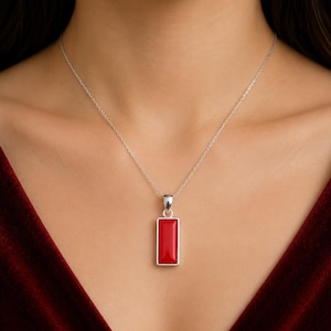 Red Coral Rectangle Pendant Necklace, Sterling Silver Red Gemstone Pendant, Minimalist Red Stone Jewelry, Handmade Gift for Women