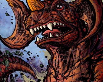 Baragon Heisei Art Print, Kaiju Monster Illustration
