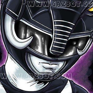 May include: A black Power Ranger helmet with a white visor and silver accents. The helmet has a textured design and a large, white, curved horn on each side. The background is a purple gradient.