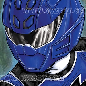 May include: A blue and black Power Ranger helmet with a visor and a textured design. The helmet has a sharp, angular shape and a prominent chin guard.