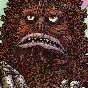 May include: A close-up of a monstrous creature with a brown, textured face and large, dark eyes. The creature has a wide, toothy mouth and is wearing a pair of metallic, clawed hands.