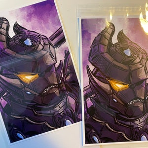 May include: A purple and black illustration of a robot with a single glowing yellow eye. The robot has a large, detailed helmet with horns and a sharp jaw.