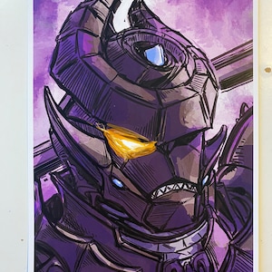 May include: A detailed illustration of a purple and black robot with a glowing yellow eye. The robot has a sharp, angular design and appears to be wearing a helmet with horns.