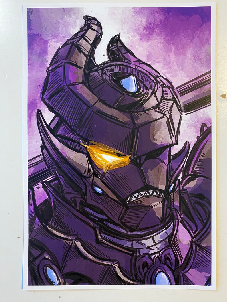 May include: A detailed illustration of a purple and black robot with a glowing yellow eye. The robot has a sharp, angular design and appears to be wearing a helmet with horns.