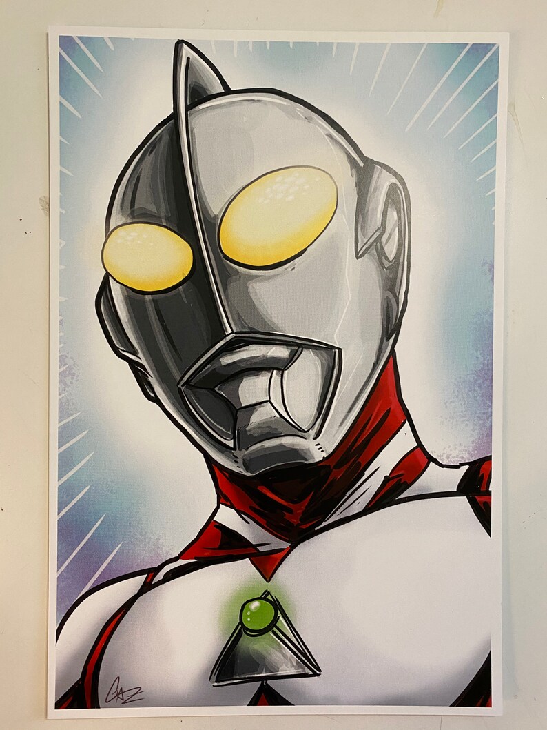 May include: A digital illustration of a superhero with a silver and red suit. The superhero has a large, silver head with a pointed crest and yellow eyes. The superhero is wearing a red collar and a green gem on their chest.