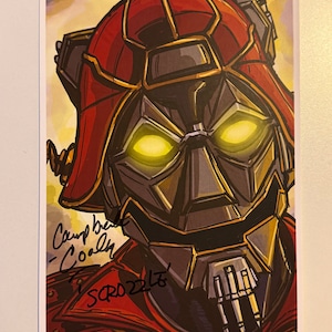 May include: A close-up of a comic book character wearing a red and gold helmet with glowing yellow eyes. The character is signed "Campbell - Coally" and "SCRO 22/6".