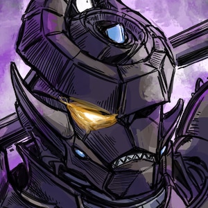 May include: A detailed illustration of a black and purple robot with glowing yellow eyes. The robot has a sharp, angular design and appears to be wearing a helmet.