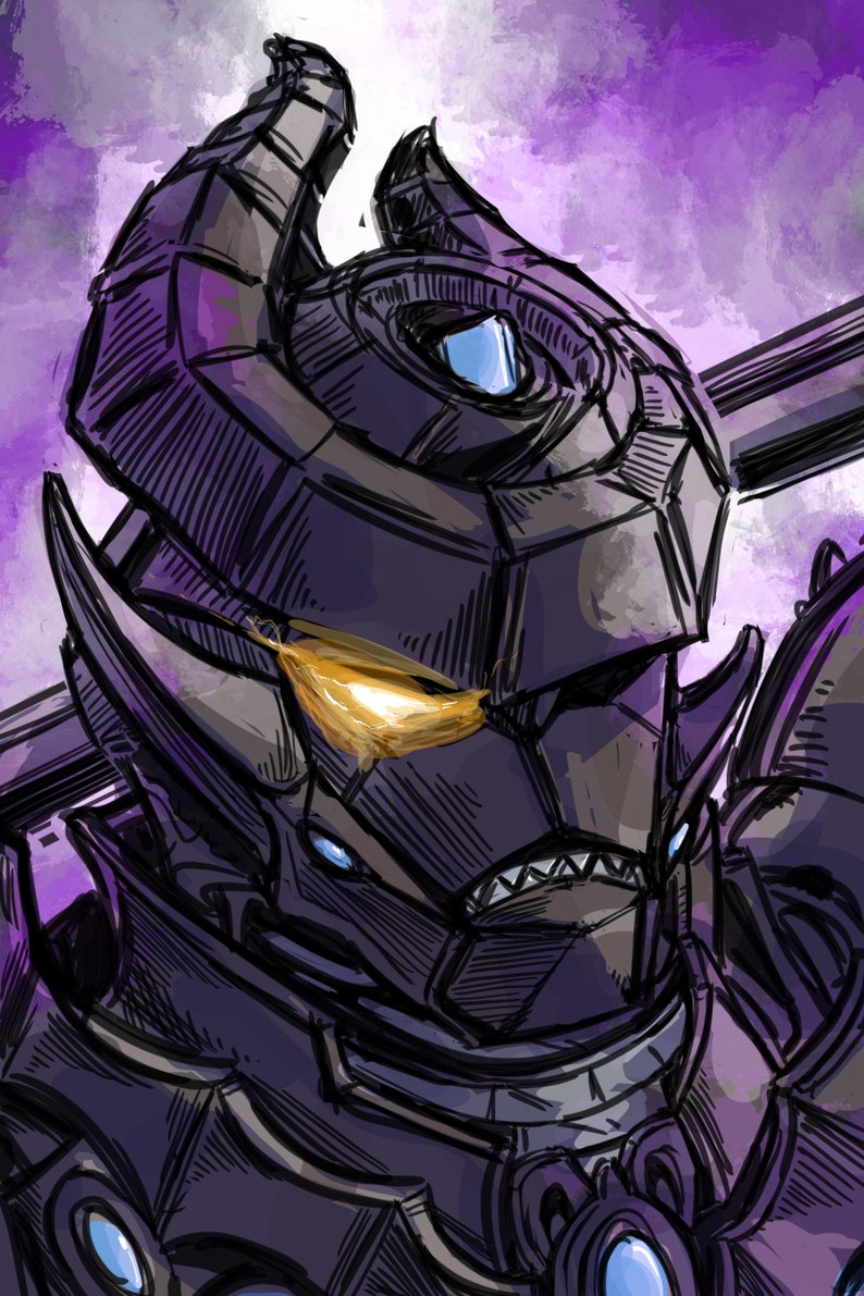 May include: A detailed illustration of a black and purple robot with glowing yellow eyes. The robot has a sharp, angular design and appears to be wearing a helmet.