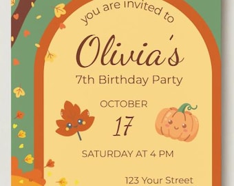 Fall Girl Birthday Invitation, Pumpkin Birthday Party, Editable Canva Template