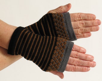 Fingerless Gloves, Wrist Warmers, Black and Brown Merino Wool