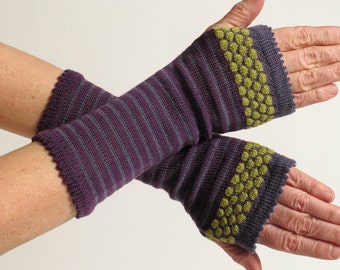 Merino Wool Wrist Warmer Fingerless Gloves, Purple, Long