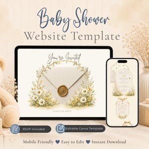 May include: A digital baby shower website template displayed on a tablet and smartphone. The screen shows an invitation with a cream envelope, a gold bee wax seal, and floral accents. Text includes "Baby Shower Website Template" and "You're Invited".