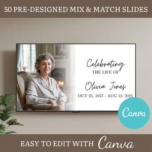 May include: A digital display shows a memorial tribute. The text reads "Celebrating the Life of Olivia Jones, Oct 25, 1957 - Aug 12, 2025." The image includes a photo of a woman and the Canva logo.