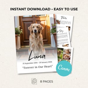 Pet Memorial Program Template, Dog Celebration of Life, Canva Editable (Digital Download)