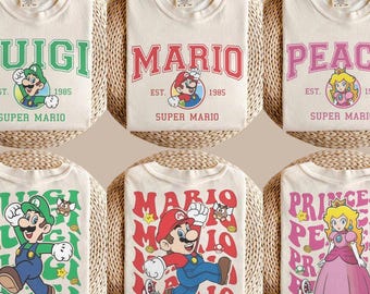 Camiseta vintage de Mario de doble cara, Luigi, Princesa Peach, Yoshi, Bowser, camiseta retro de videojuegos, camiseta a juego para toda la familia, regalo para fiesta de cumpleaños
