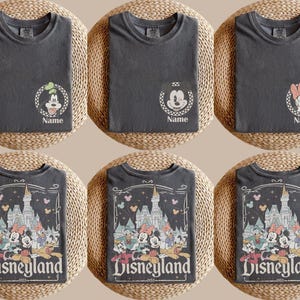 May include: Six dark gray t-shirts. The top row features Goofy, Mickey Mouse, and Minnie Mouse designs with the word "Name" below. The bottom row displays a Disneyland graphic with various cartoon characters and the text "Disneyland 1955".