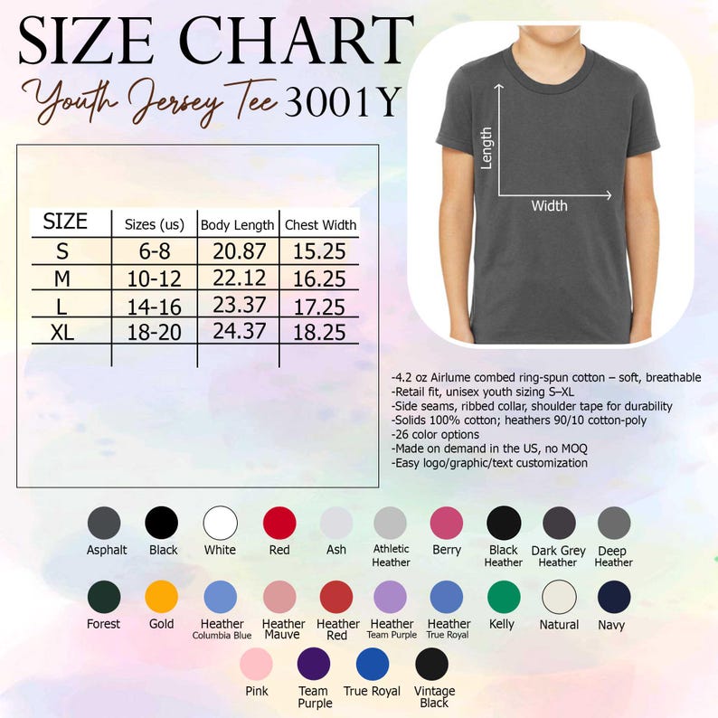 K&ouml;nnte beinhalten: Gr&ouml;&szlig;entabelle f&uuml;r ein Jugend-T-Shirt, mit Ma&szlig;en in cm. Enth&auml;lt eine Farbpalette und Details zu den Eigenschaften des Shirts, wie Stoff und Passform. Das Shirt wird von einem Kind getragen.