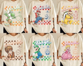 Retro Super Mario Characters Shirt, Yoshi Luigi Peach Bowser Tee, Retro Gaming Shirt, Nintendo Family Matching, Birthday Gift