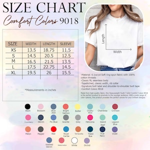 May include: A white t-shirt with a size chart and color options. The size chart shows measurements in inches for XS to XL sizes. The color options include black, blossom, blue jean, bright salmon, butter, chalky mint, and more.