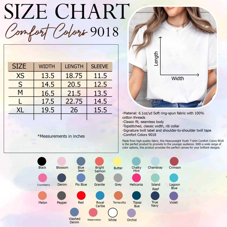 May include: A white t-shirt with a size chart and color options. The size chart shows measurements in inches for XS to XL sizes. The color options include black, blossom, blue jean, bright salmon, butter, chalky mint, and more.