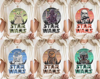 Vintage Star Wars Charakter Shirts, Grogu Darth Vader Stormtrooper Familie Passendes T-Shirt, Retro Sci Fi Geschenk, Geburtstags-Outfit