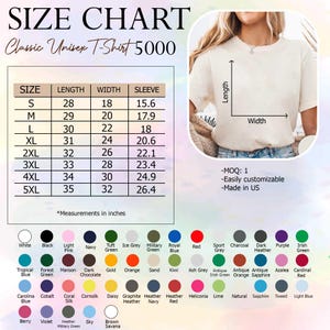 K&ouml;nnte beinhalten: Eine Gr&ouml;&szlig;entabelle f&uuml;r ein klassisches Unisex-T-Shirt 5000 mit Ma&szlig;en in Zoll. Die Tabelle enth&auml;lt die Gr&ouml;&szlig;en S bis 5XL mit L&auml;ngen-, Breiten- und &Auml;rmelma&szlig;en. Eine Farbpalette mit verschiedenen Optionen wird ebenfalls angezeigt.