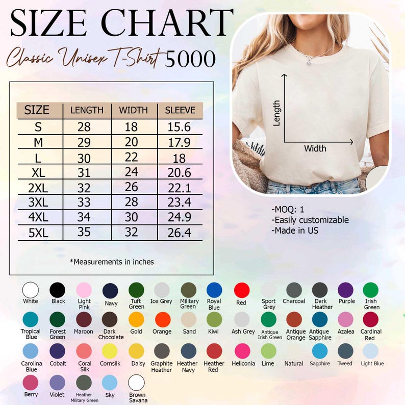 K&ouml;nnte beinhalten: Eine Gr&ouml;&szlig;entabelle f&uuml;r ein klassisches Unisex-T-Shirt 5000 mit Ma&szlig;en in Zoll. Die Tabelle enth&auml;lt die Gr&ouml;&szlig;en S bis 5XL mit L&auml;ngen-, Breiten- und &Auml;rmelma&szlig;en. Eine Farbpalette mit verschiedenen Optionen wird ebenfalls angezeigt.